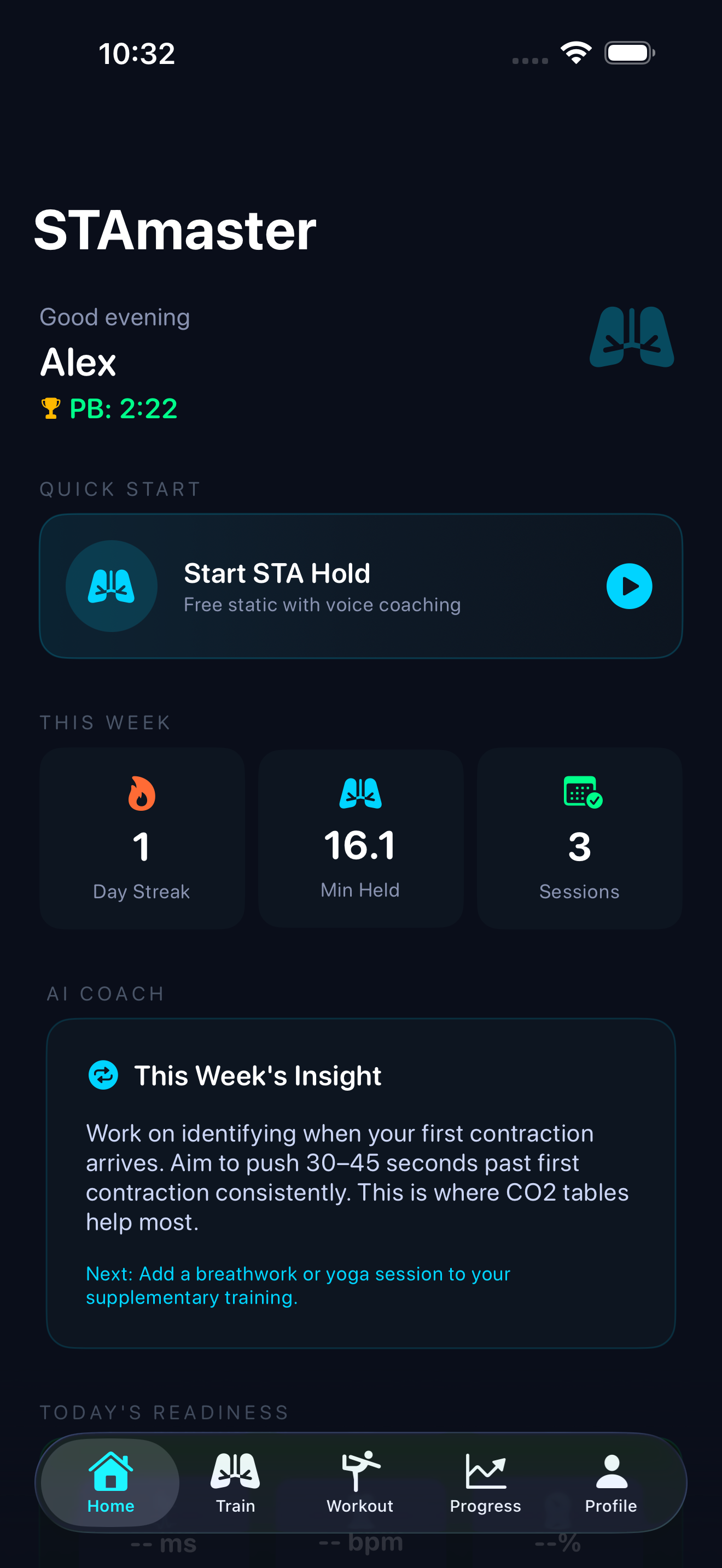 STAmaster home screen with readiness and AI coach insight