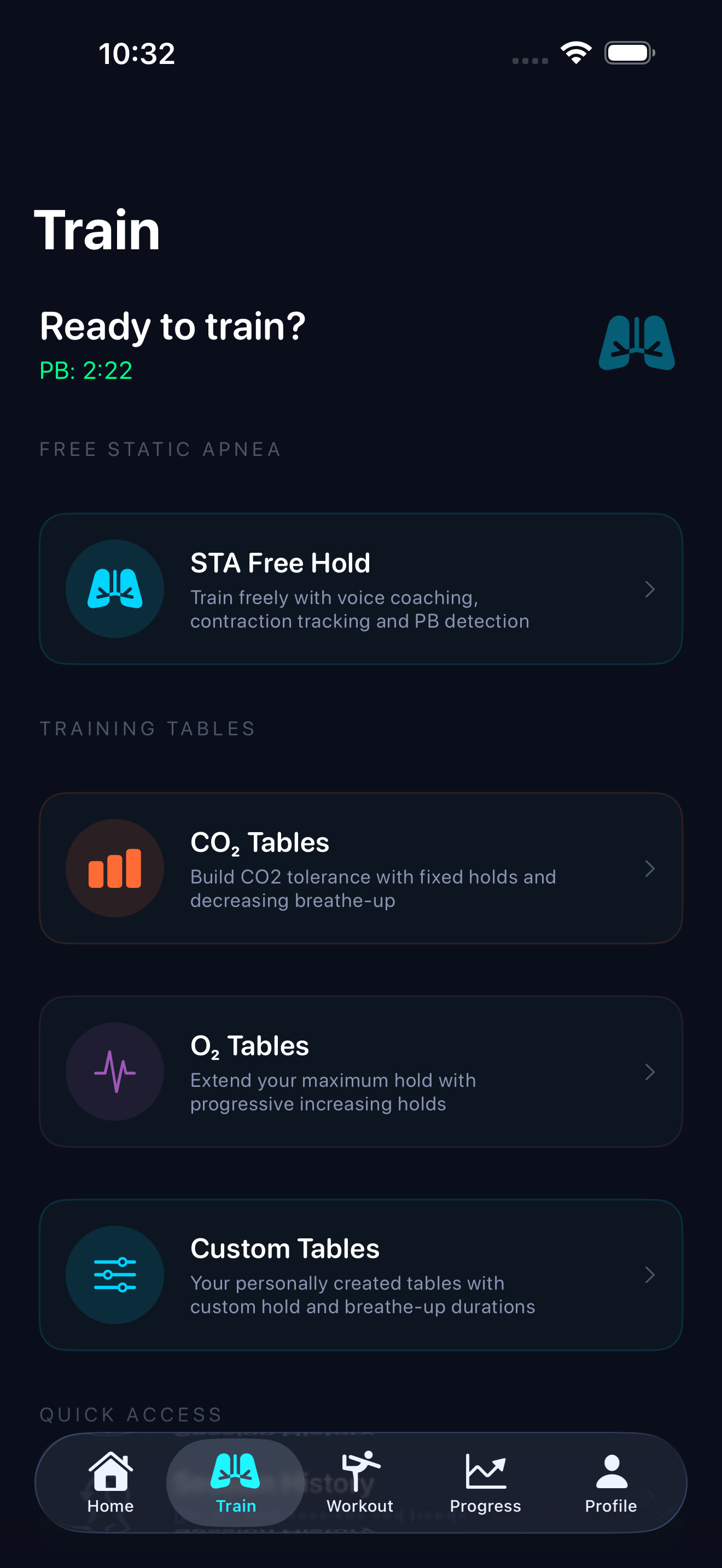 STAmaster training menu with CO2, O2 and custom tables