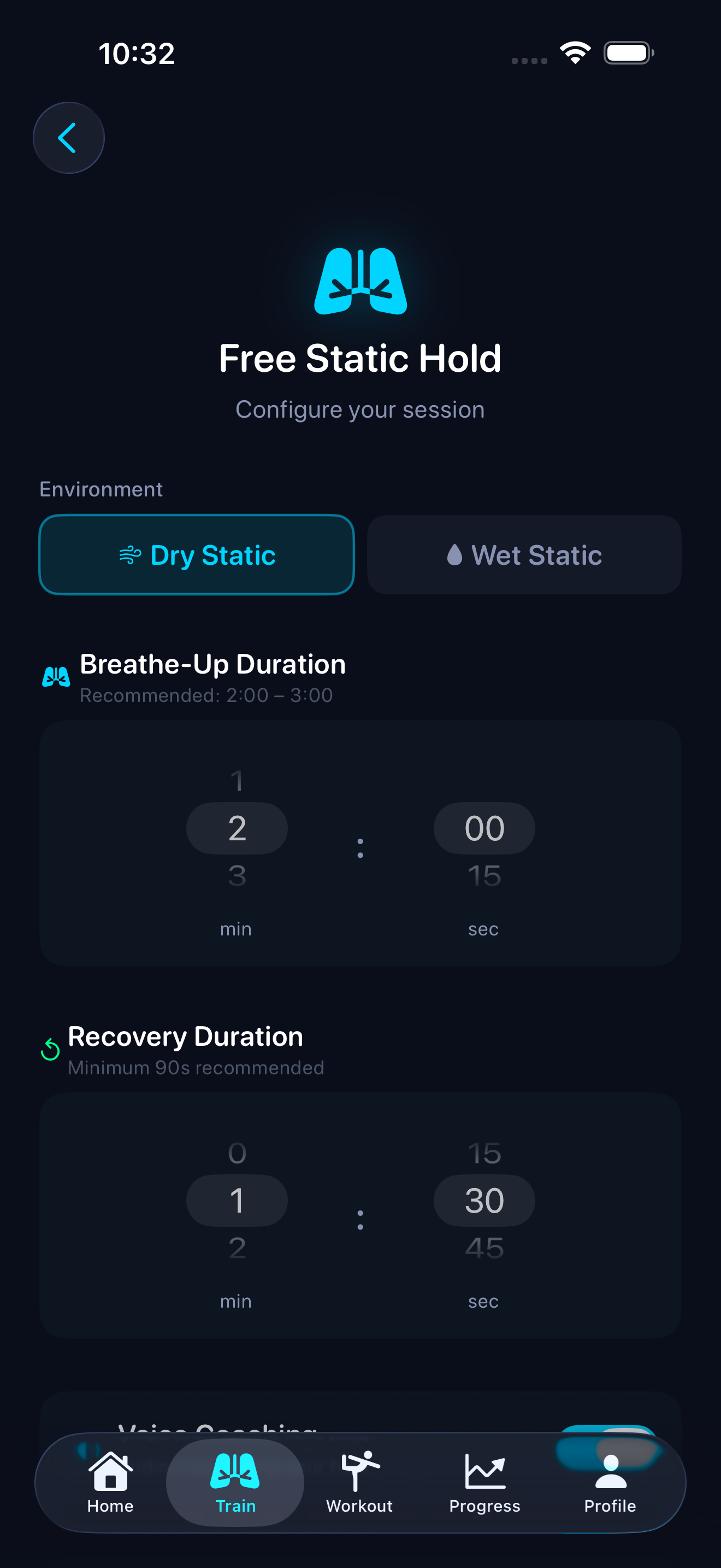 STAmaster Free Static Hold setup screen