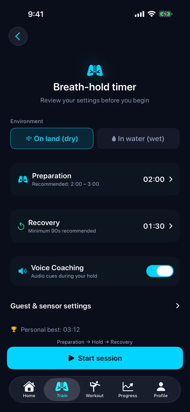 STAmaster breath-hold timer setup: environment, preparation, recovery and voice coaching