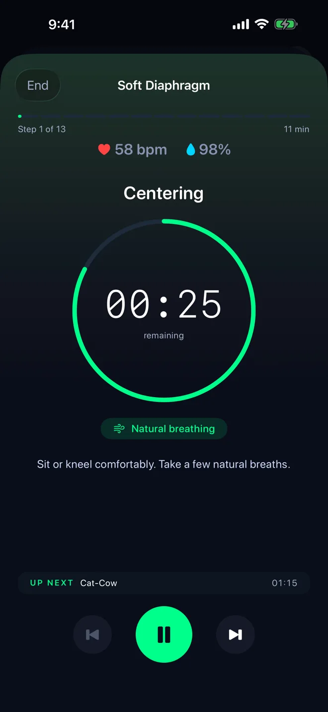 Guided prep workout showing live heart rate 58 bpm and SpO2 98%